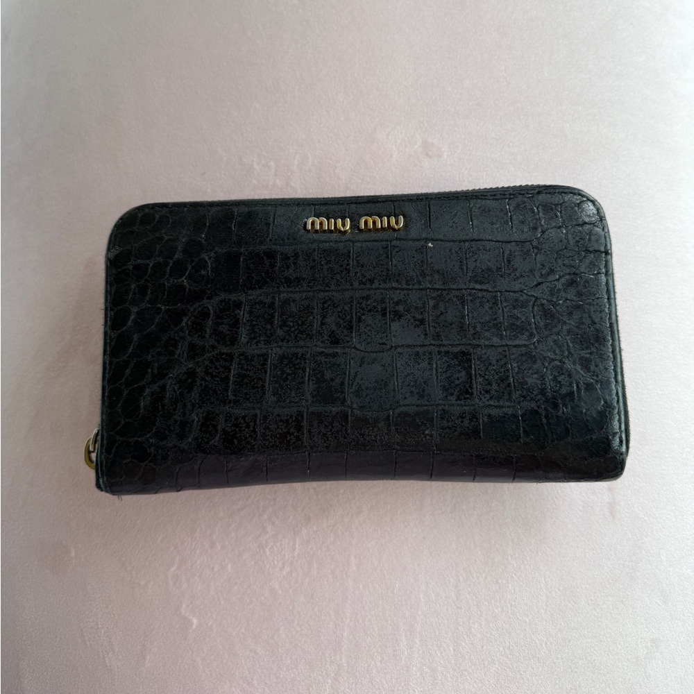 Miu Miu Black Croc-Embossed Zip Wallet